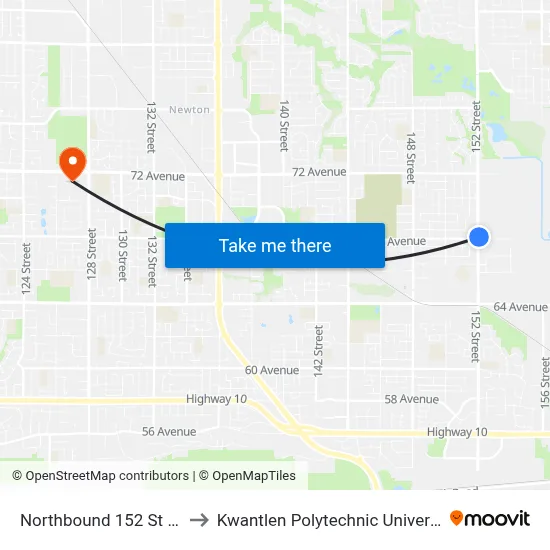 Northbound 152 St @ 68 Ave to Kwantlen Polytechnic University (Surrey) map