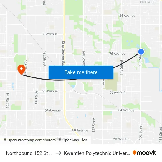 Northbound 152 St @ 76 Ave to Kwantlen Polytechnic University (Surrey) map