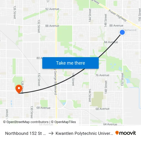 Northbound 152 St @ 86 Ave to Kwantlen Polytechnic University (Surrey) map