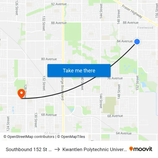 Southbound 152 St @ 84 Ave to Kwantlen Polytechnic University (Surrey) map