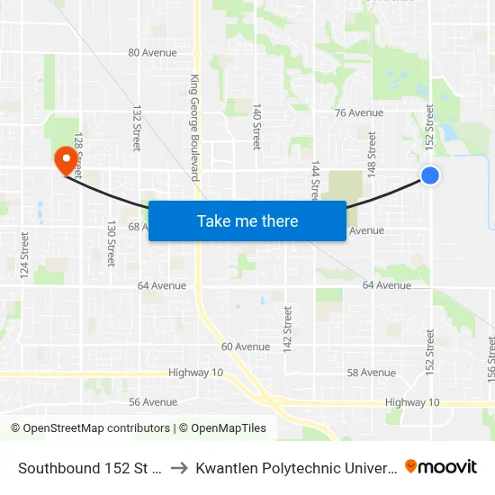 Southbound 152 St @ 72 Ave to Kwantlen Polytechnic University (Surrey) map