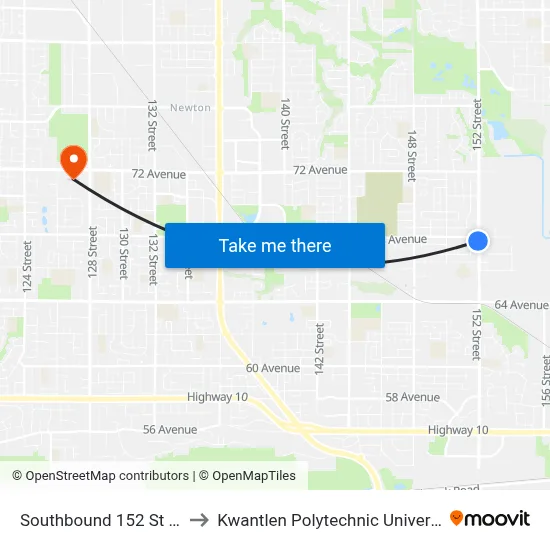 Southbound 152 St @ 68 Ave to Kwantlen Polytechnic University (Surrey) map