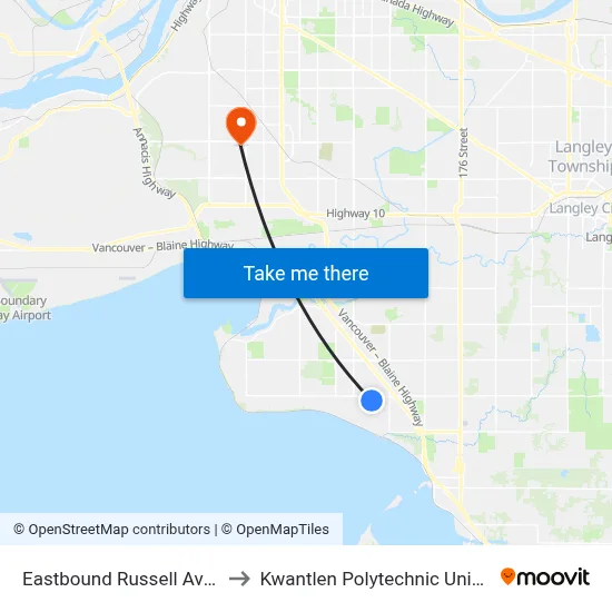 Eastbound Russell Ave @ Finlay St to Kwantlen Polytechnic University (Surrey) map