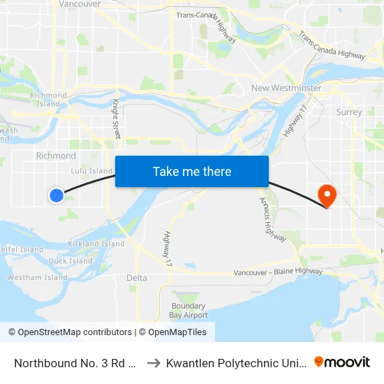 Northbound No. 3 Rd @ Williams Rd to Kwantlen Polytechnic University (Surrey) map