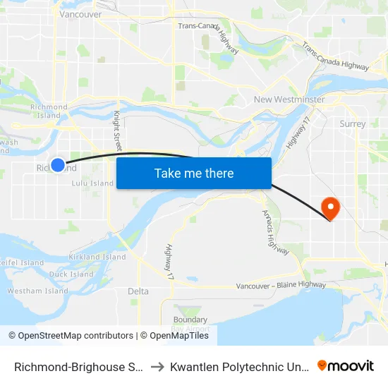 Richmond-Brighouse Station @ Bay 3 to Kwantlen Polytechnic University (Surrey) map