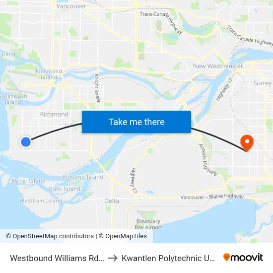 Westbound Williams Rd @ Fortune Ave to Kwantlen Polytechnic University (Surrey) map