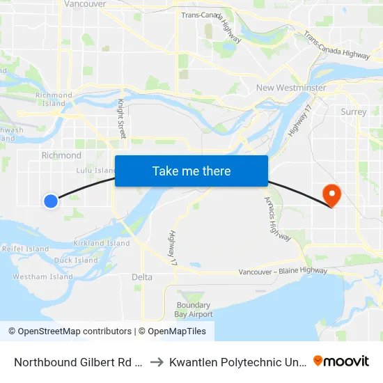 Northbound Gilbert Rd @ 10500 Block to Kwantlen Polytechnic University (Surrey) map