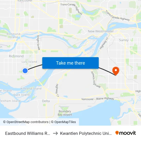 Eastbound Williams Rd @ No. 4 Rd to Kwantlen Polytechnic University (Surrey) map