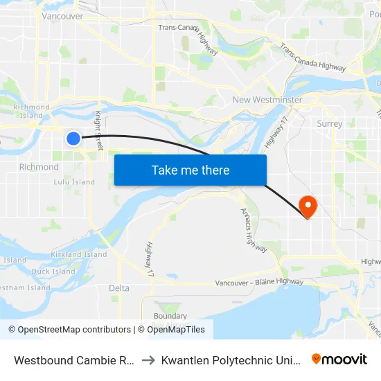 Westbound Cambie Rd @ Shell Rd to Kwantlen Polytechnic University (Surrey) map