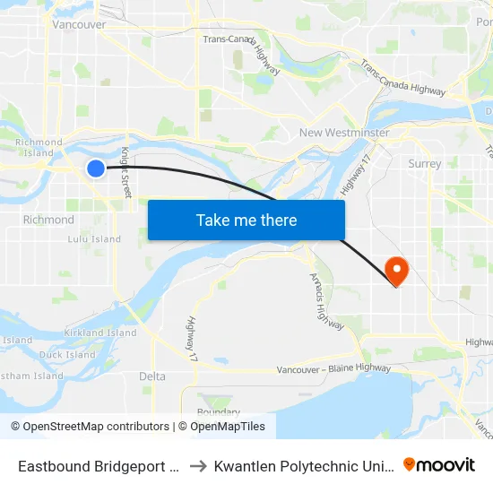 Eastbound Bridgeport Rd @ Shell Rd to Kwantlen Polytechnic University (Surrey) map