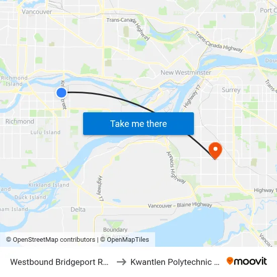 Westbound Bridgeport Rd @ Knight St Bridge to Kwantlen Polytechnic University (Surrey) map