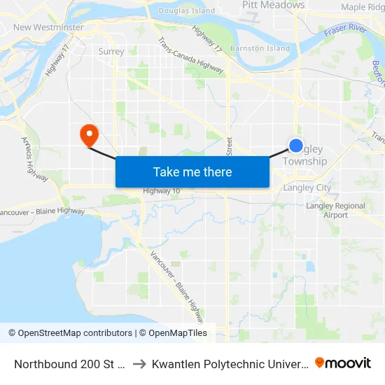 Northbound 200 St @ 72 Ave to Kwantlen Polytechnic University (Surrey) map