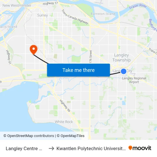 Langley Centre @ Bay 2 to Kwantlen Polytechnic University (Surrey) map