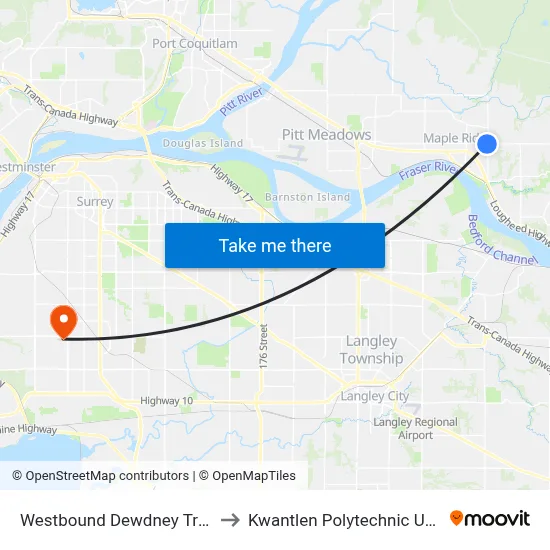 Westbound Dewdney Trunk Rd @ 232 St to Kwantlen Polytechnic University (Surrey) map