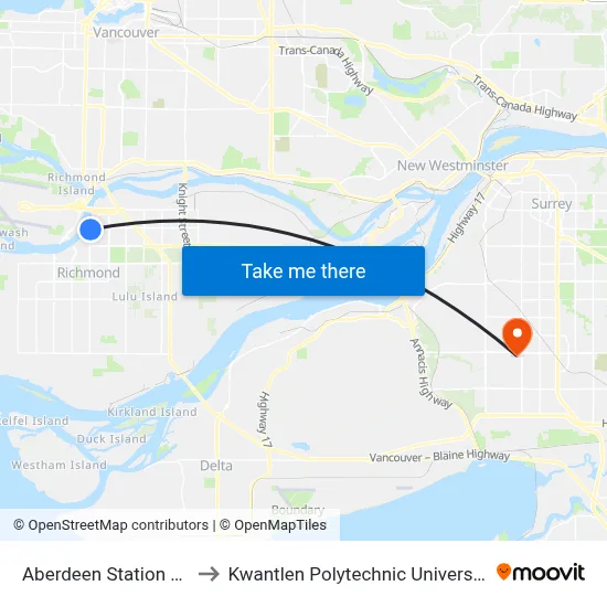 Aberdeen Station @ Bay 1 to Kwantlen Polytechnic University (Surrey) map