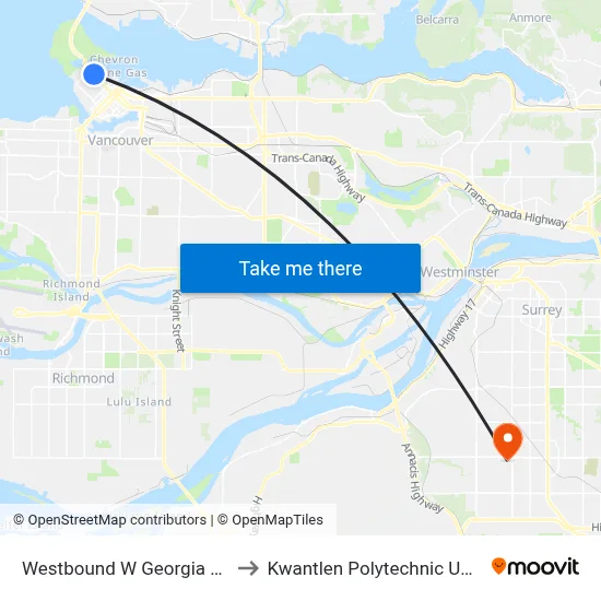 Westbound W Georgia St @ Cardero St to Kwantlen Polytechnic University (Surrey) map