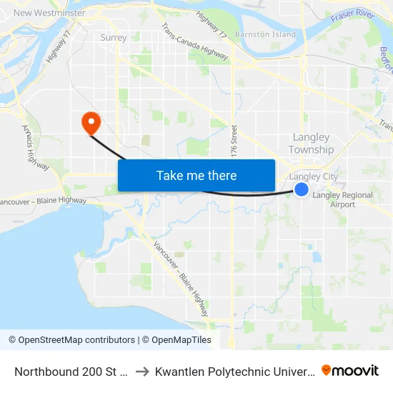 Northbound 200 St @ 53 Ave to Kwantlen Polytechnic University (Surrey) map