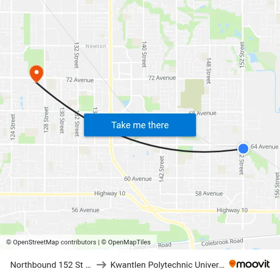 Northbound 152 St @ 64 Ave to Kwantlen Polytechnic University (Surrey) map