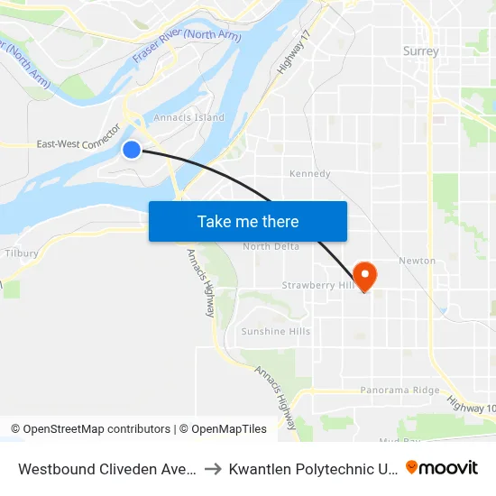 Westbound Cliveden Ave @ Carleton Court to Kwantlen Polytechnic University (Surrey) map