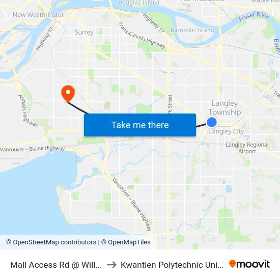 Mall Access Rd @ Willowbrook Mall to Kwantlen Polytechnic University (Surrey) map