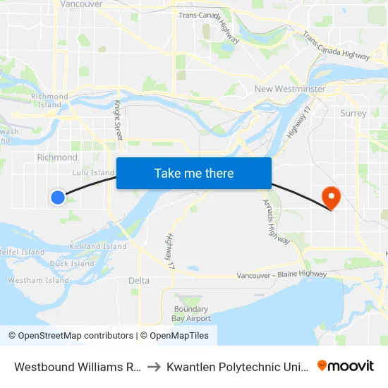 Westbound Williams Rd @ No. 3 Rd to Kwantlen Polytechnic University (Surrey) map