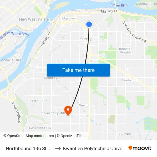 Northbound 136 St @ 111 Ave to Kwantlen Polytechnic University (Surrey) map