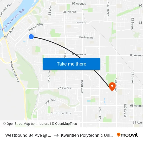 Westbound 84 Ave @ Delsom Cres to Kwantlen Polytechnic University (Surrey) map