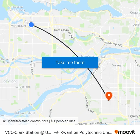 VCC-Clark Station @ Unloading Only to Kwantlen Polytechnic University (Surrey) map