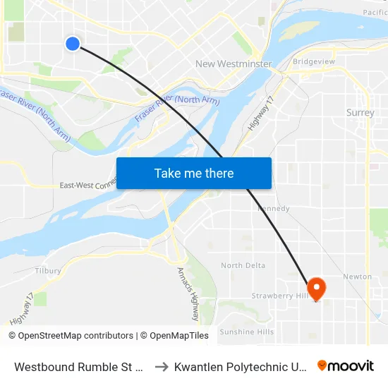 Westbound Rumble St @ Royal Oak Ave to Kwantlen Polytechnic University (Surrey) map