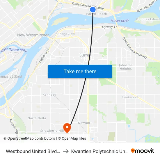 Westbound United Blvd @ Schooner St to Kwantlen Polytechnic University (Surrey) map