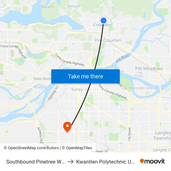 Southbound Pinetree Way @ David Ave to Kwantlen Polytechnic University (Surrey) map