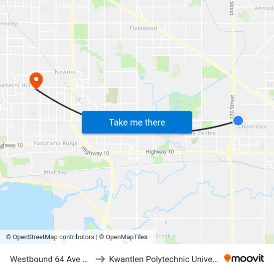 Westbound 64 Ave @ 177b St to Kwantlen Polytechnic University (Surrey) map