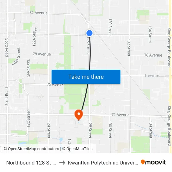 Northbound 128 St @ 80 Ave to Kwantlen Polytechnic University (Surrey) map