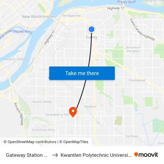 Gateway Station @ Bay 2 to Kwantlen Polytechnic University (Surrey) map