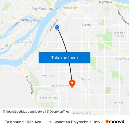 Eastbound 103a Ave @ Grace Rd to Kwantlen Polytechnic University (Surrey) map