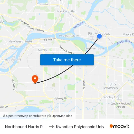 Northbound Harris Rd @ 119 Ave to Kwantlen Polytechnic University (Surrey) map