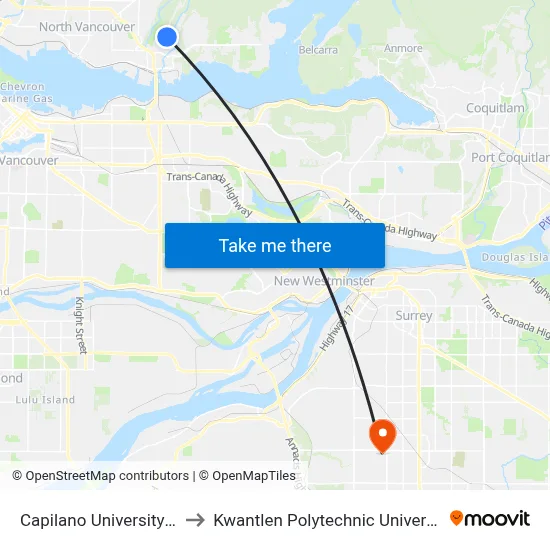 Capilano University @ Bay 3 to Kwantlen Polytechnic University (Surrey) map