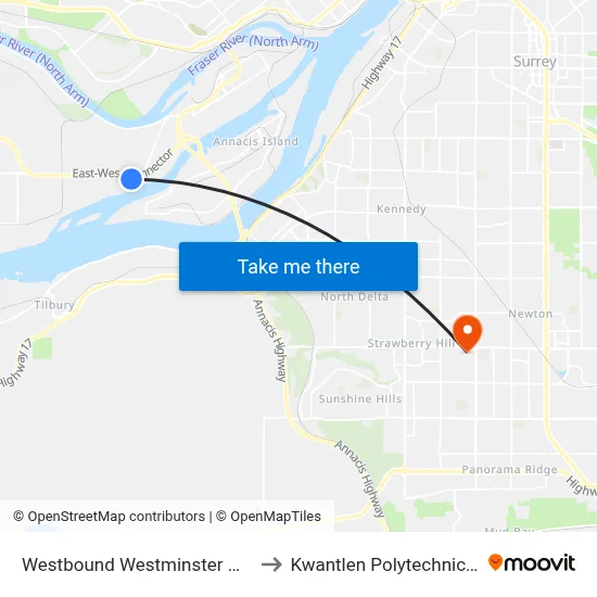 Westbound Westminster Hwy @ Hwy 91 Offramp to Kwantlen Polytechnic University (Surrey) map