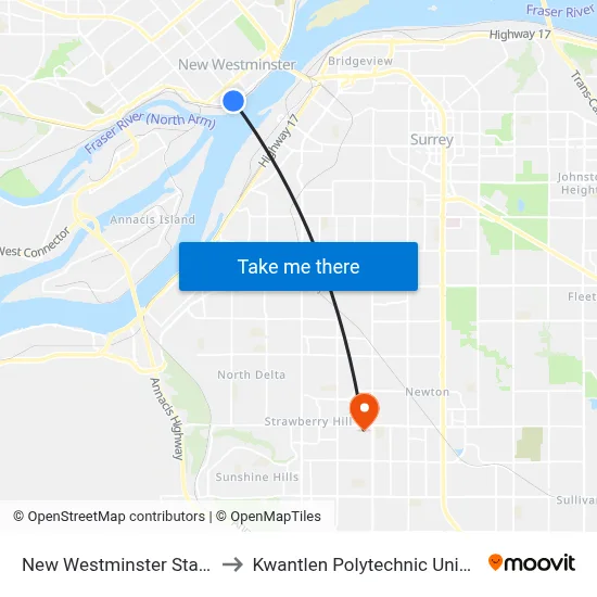 New Westminster Station @ Bay 2 to Kwantlen Polytechnic University (Surrey) map
