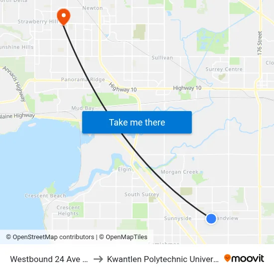 Westbound 24 Ave @ 164 St to Kwantlen Polytechnic University (Surrey) map