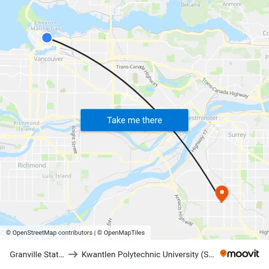 Granville Station to Kwantlen Polytechnic University (Surrey) map