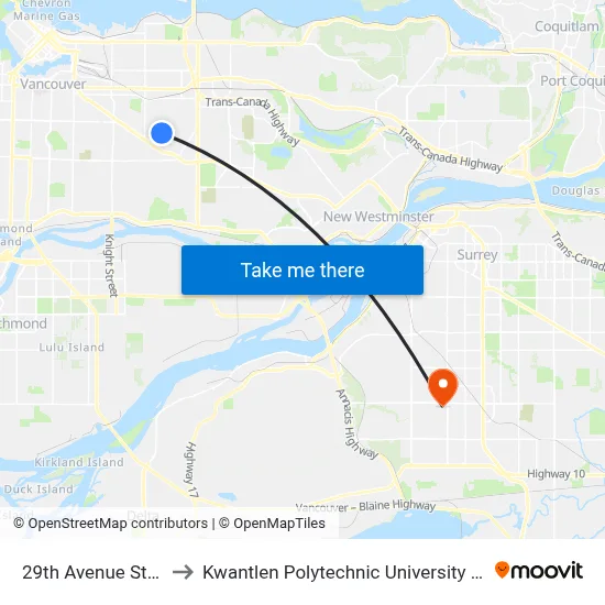 29th Avenue Station to Kwantlen Polytechnic University (Surrey) map