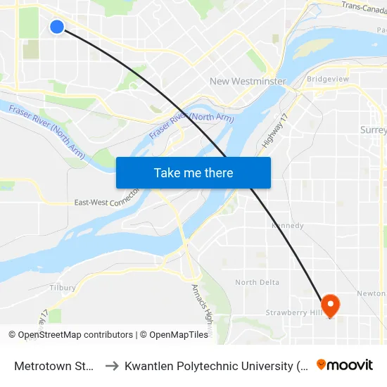 Metrotown Station to Kwantlen Polytechnic University (Surrey) map