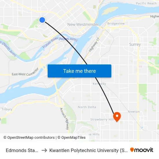 Edmonds Station to Kwantlen Polytechnic University (Surrey) map
