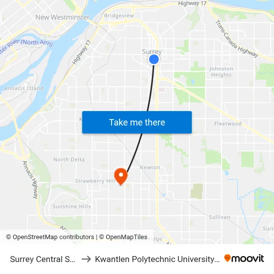 Surrey Central Station to Kwantlen Polytechnic University (Surrey) map
