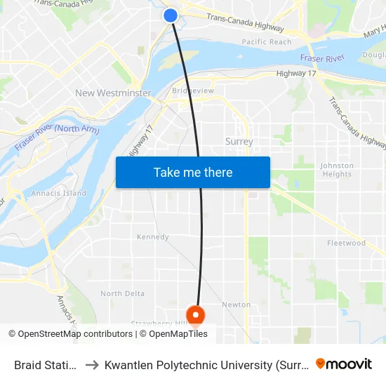 Braid Station to Kwantlen Polytechnic University (Surrey) map