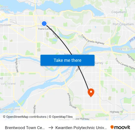 Brentwood Town Centre Station to Kwantlen Polytechnic University (Surrey) map