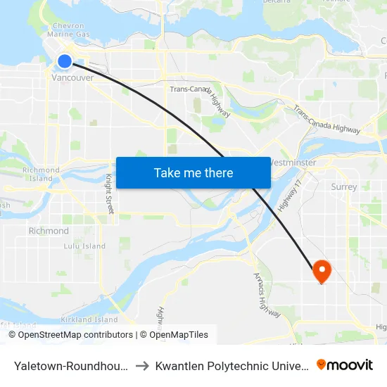 Yaletown-Roundhouse Station to Kwantlen Polytechnic University (Surrey) map