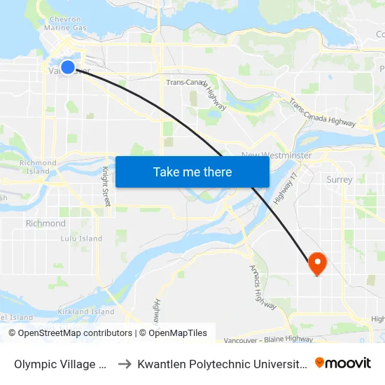 Olympic Village Station to Kwantlen Polytechnic University (Surrey) map