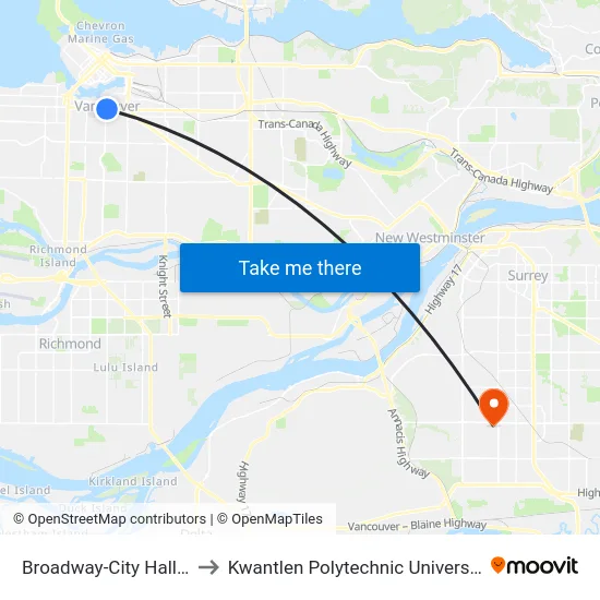Broadway-City Hall Station to Kwantlen Polytechnic University (Surrey) map